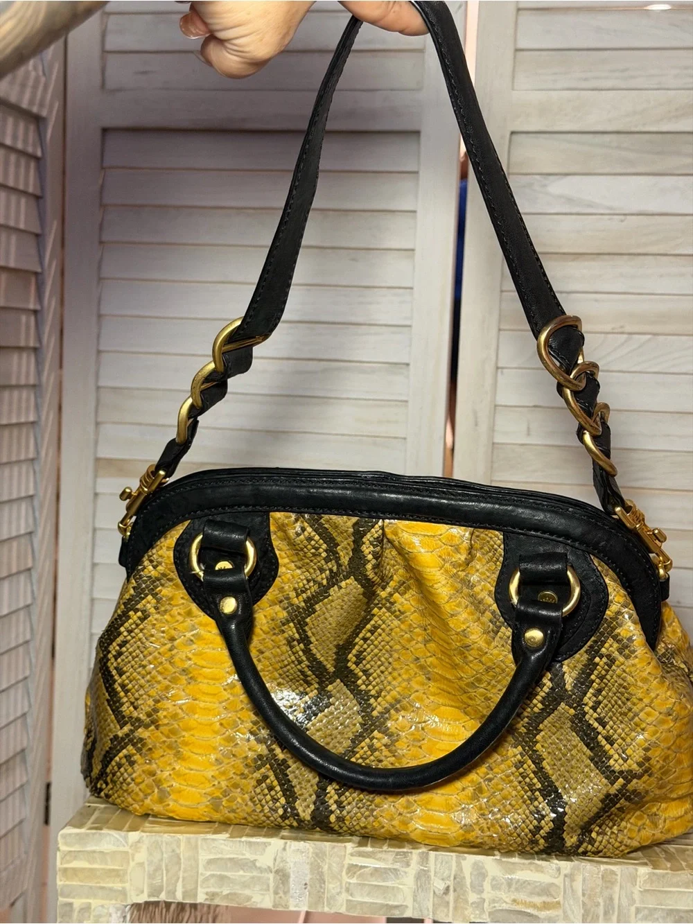 Elaine Turner Yellow Retro Snake-Print Satchel Handbag with Black Trim